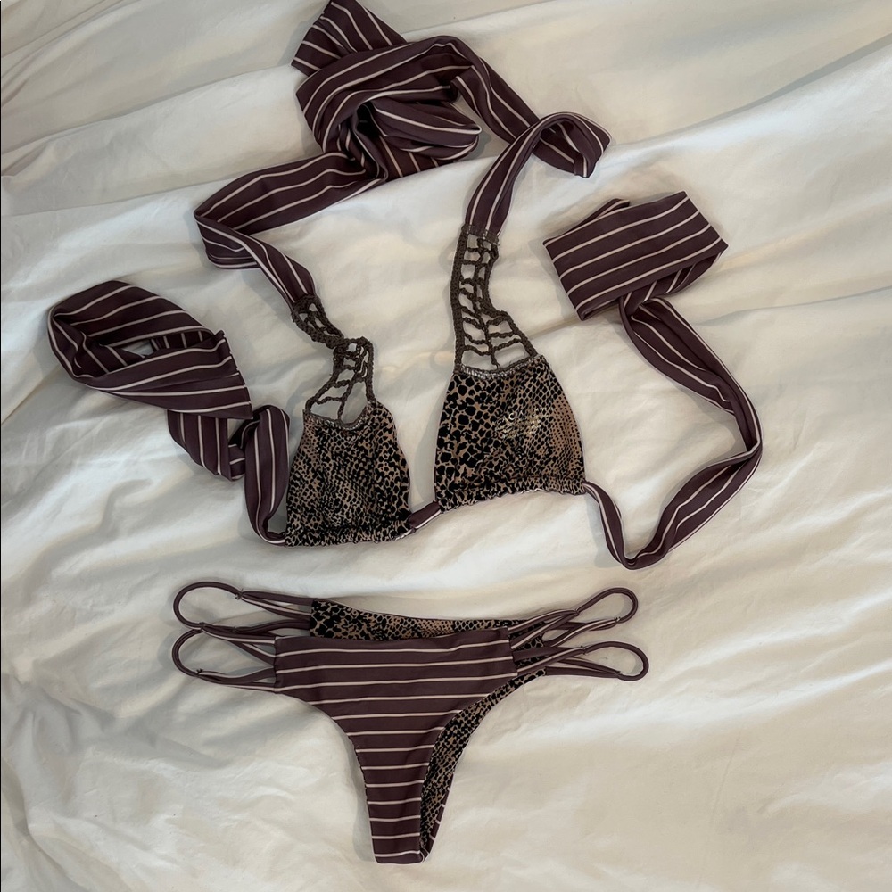acacia swimwear Brown and White Striped Triangle Bikini - Picture 2 of 8